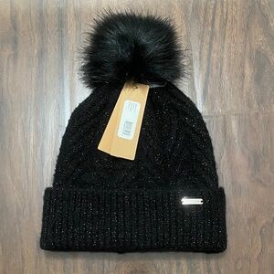 Steve Madden Black Knit Beanie with Faux Fur Pom